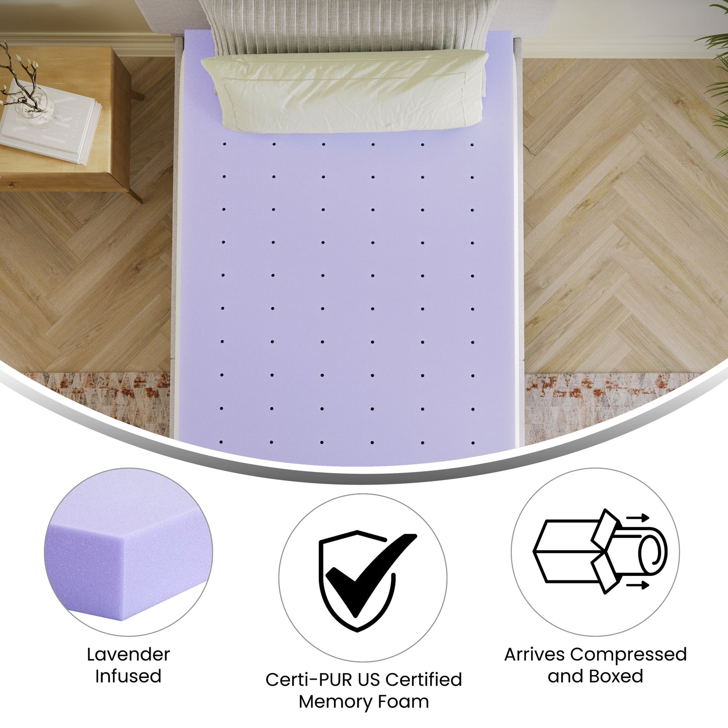 Capri Comfortable Sleep 3 Inch Lavender Infused Twin XL Memory Foam Mattress Topper with Ventilated Design and CertiPUR-US Certified Foam Purple