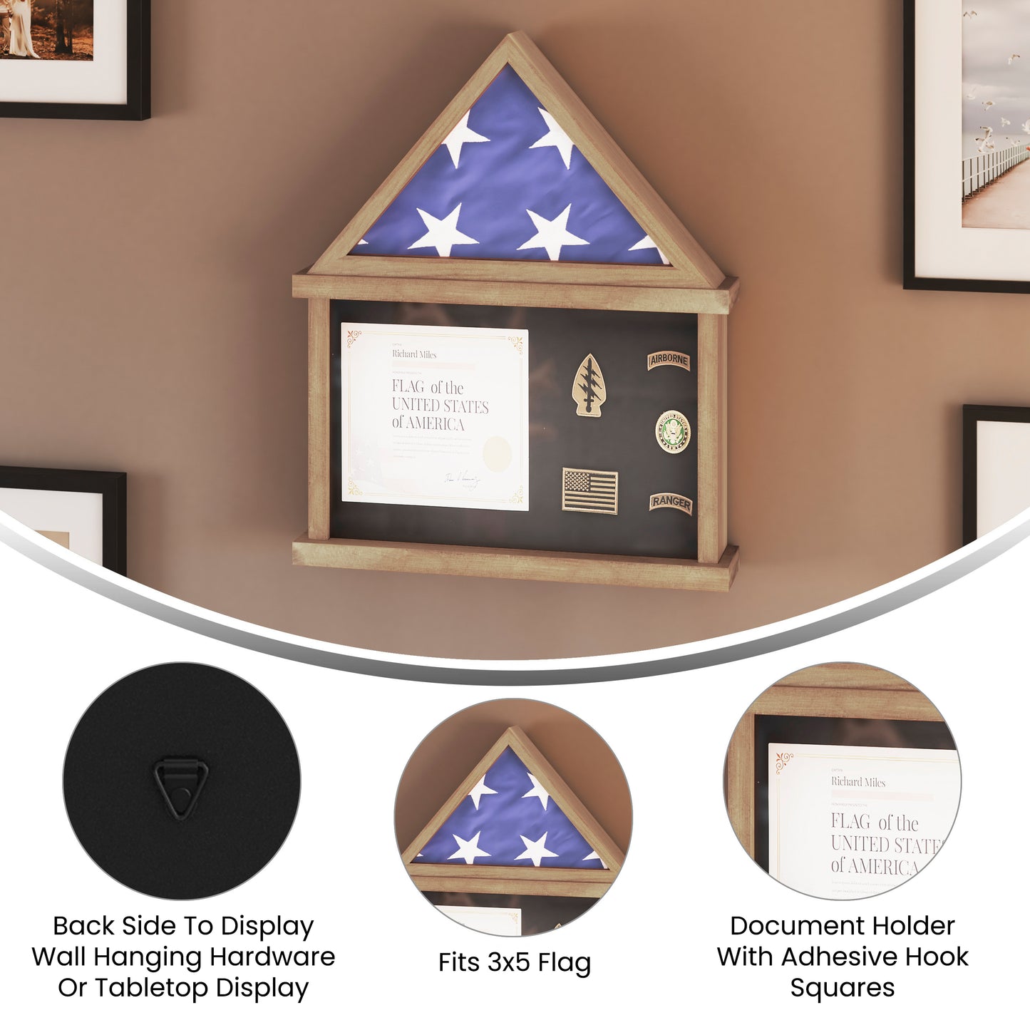 Quincy Flag and Certificate Display Case, Solid Pine Wood Flag Shadow Box Fits 3x5 Folded Flag, Weathered Wood Finish Weathered HMHD-22M142Y-WEATH-GG