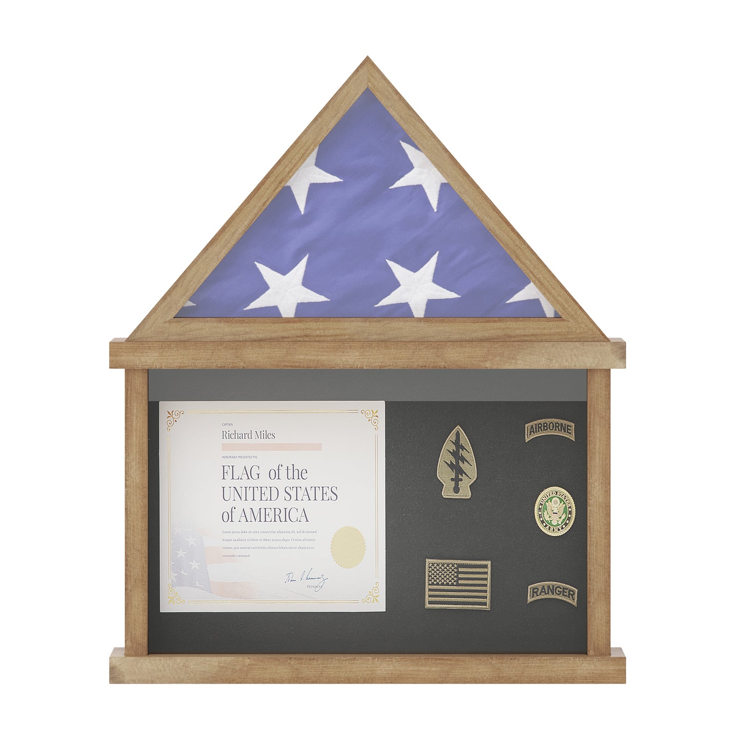 Quincy Flag and Certificate Display Case, Solid Pine Wood Flag Shadow Box Fits 3x5 Folded Flag, Weathered Wood Finish Weathered HMHD-22M142Y-WEATH-GG