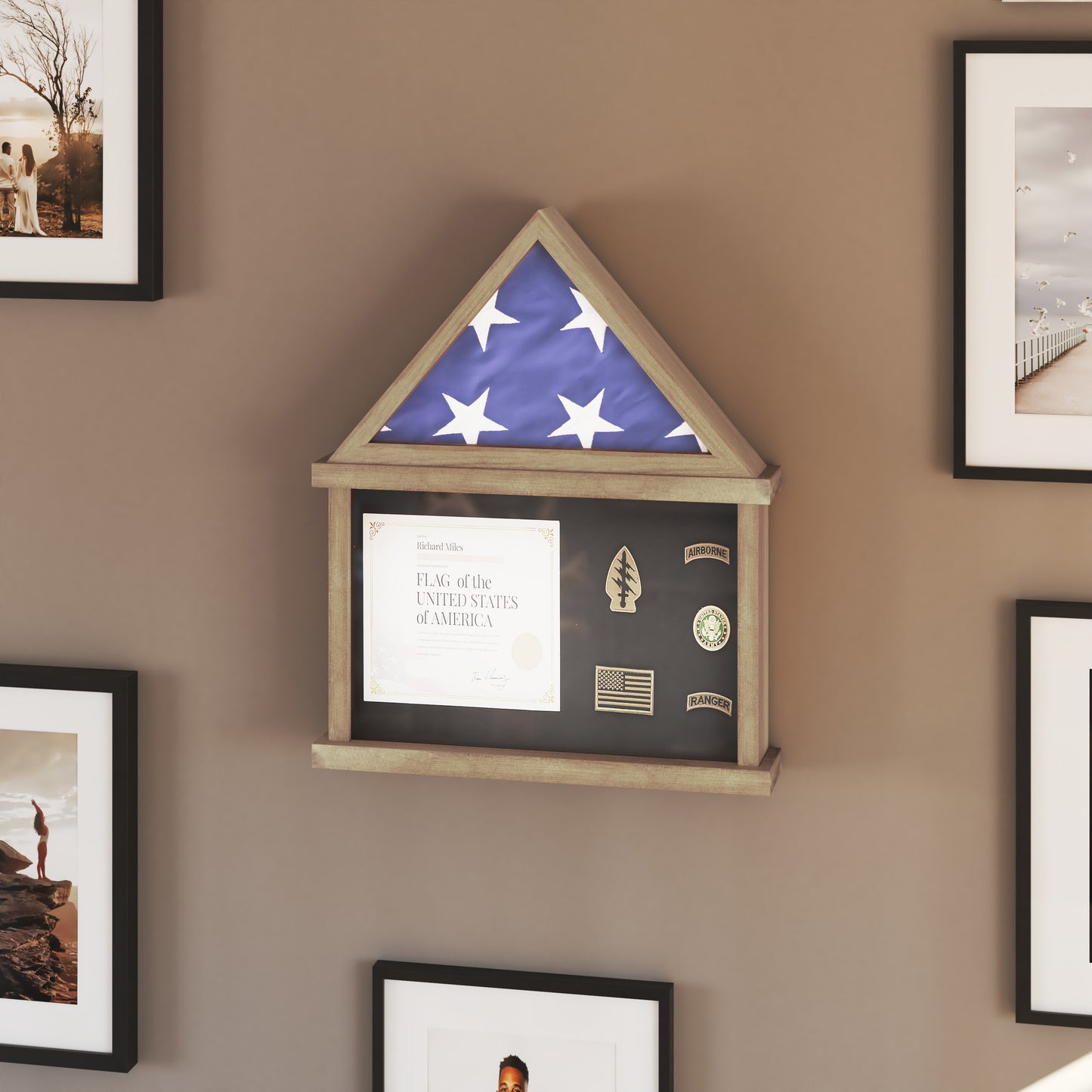 Quincy Flag and Certificate Display Case, Solid Pine Wood Flag Shadow Box Fits 3x5 Folded Flag, Weathered Wood Finish Weathered HMHD-22M142Y-WEATH-GG