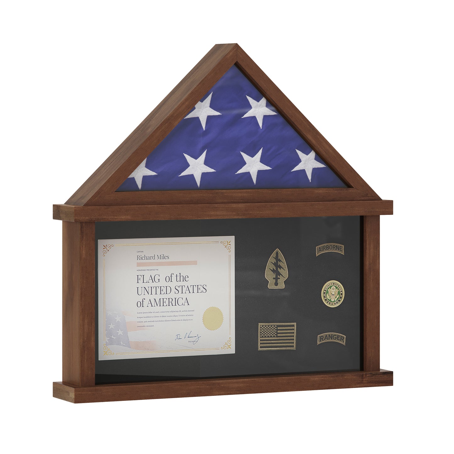 Quincy Flag and Certificate Display Case, Solid Pine Wood Flag Shadow Box Fits 9x5 Folded Burial Flag, Dark Brown Finish Dark Brown