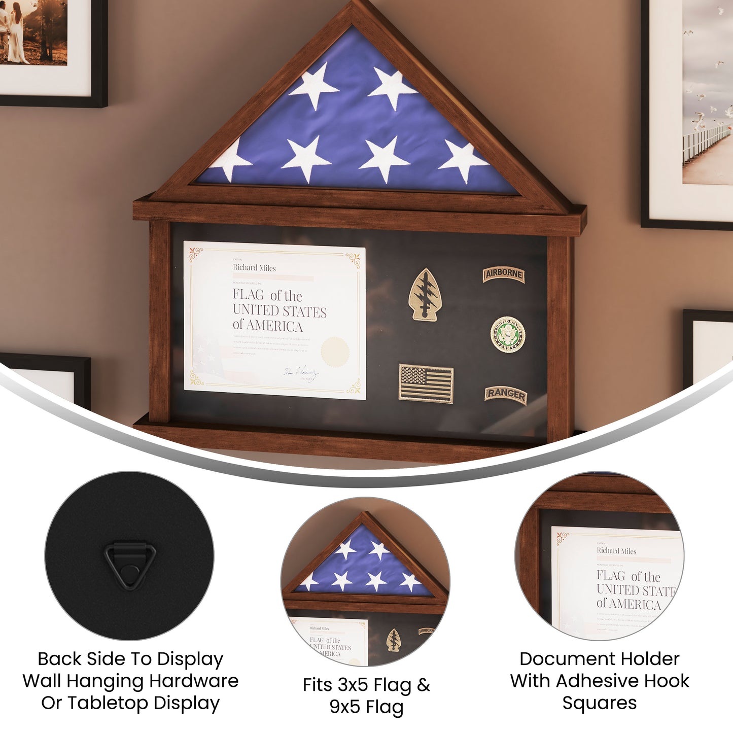 Quincy Flag and Certificate Display Case, Solid Pine Wood Flag Shadow Box Fits 9x5 Folded Burial Flag, Dark Brown Finish Dark Brown