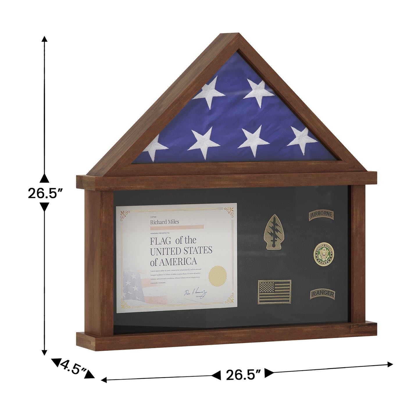 Quincy Flag and Certificate Display Case, Solid Pine Wood Flag Shadow Box Fits 9x5 Folded Burial Flag, Dark Brown Finish Dark Brown