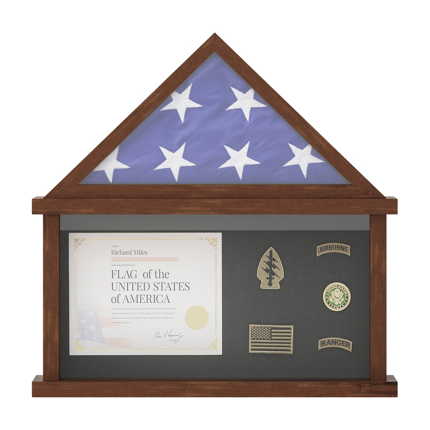 Quincy Flag and Certificate Display Case, Solid Pine Wood Flag Shadow Box Fits 9x5 Folded Burial Flag, Dark Brown Finish Dark Brown