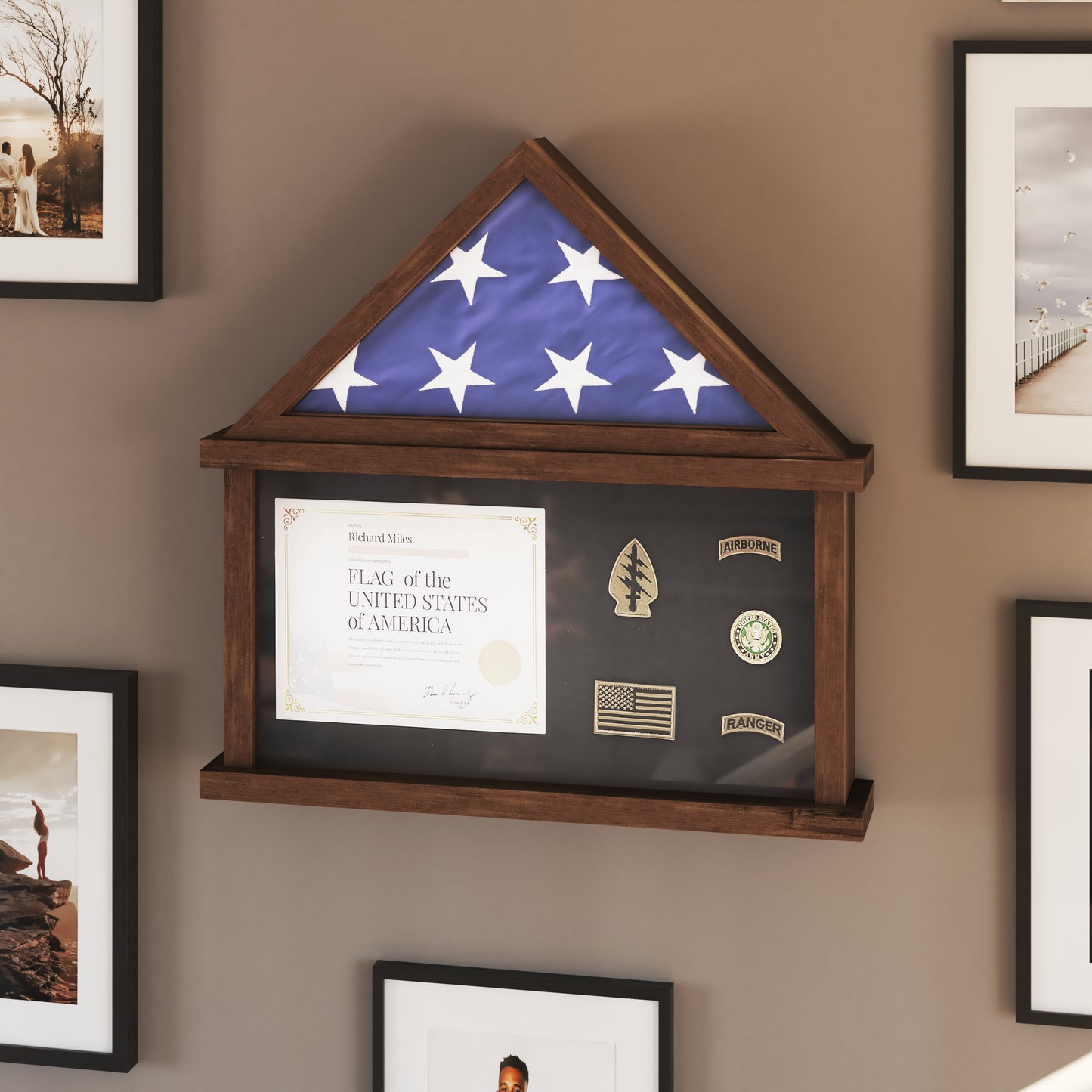 Quincy Flag and Certificate Display Case, Solid Pine Wood Flag Shadow Box Fits 9x5 Folded Burial Flag, Dark Brown Finish Dark Brown