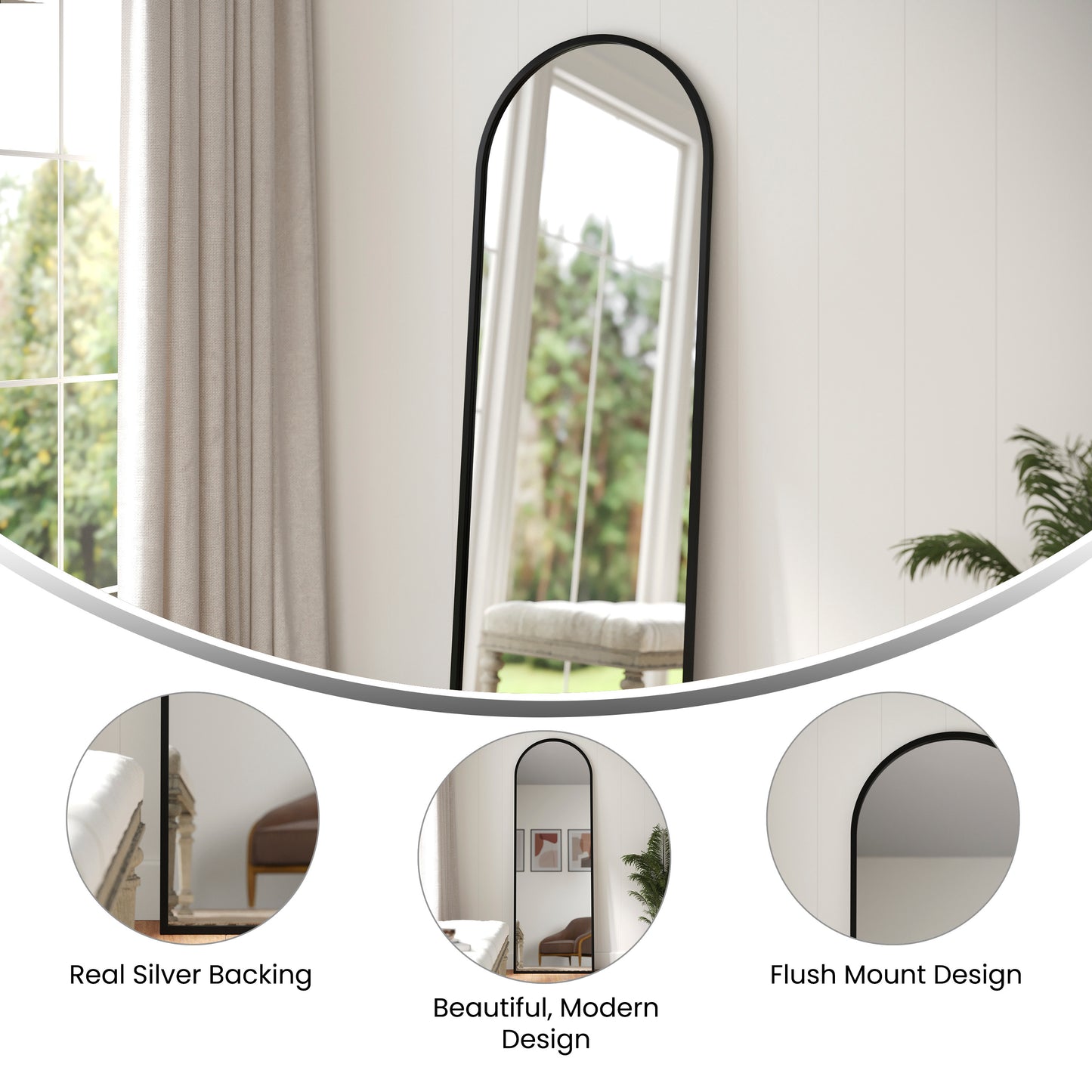 Mila 22"x65" Arched Metal Framed Wall Mirror for Hallways, Entryways, Dining and Living Rooms, Black Black