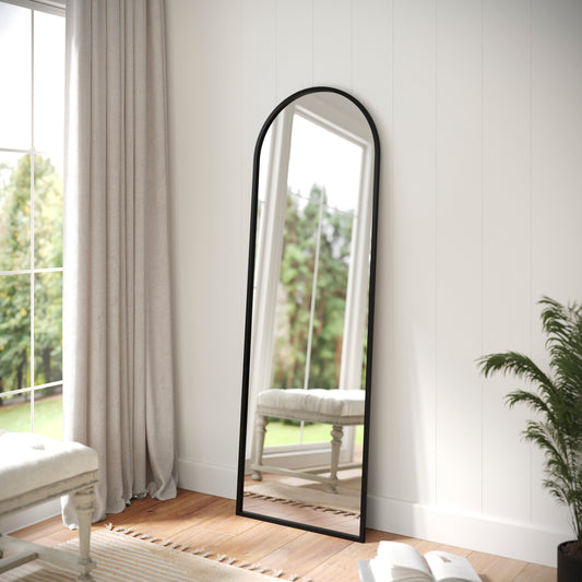 Mila 22"x65" Arched Metal Framed Wall Mirror for Hallways, Entryways, Dining and Living Rooms, Black Black