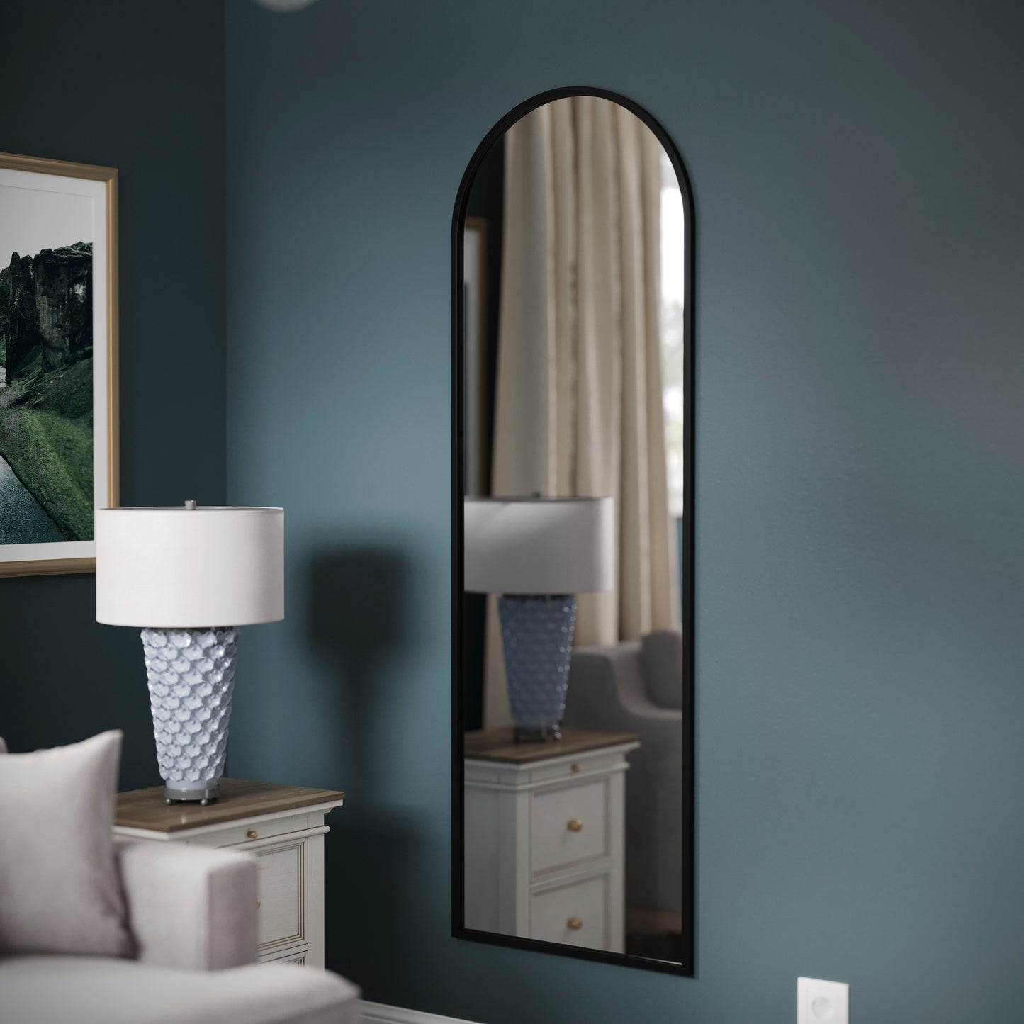 Mila 22"x65" Arched Metal Framed Wall Mirror for Hallways, Entryways, Dining and Living Rooms, Black Black