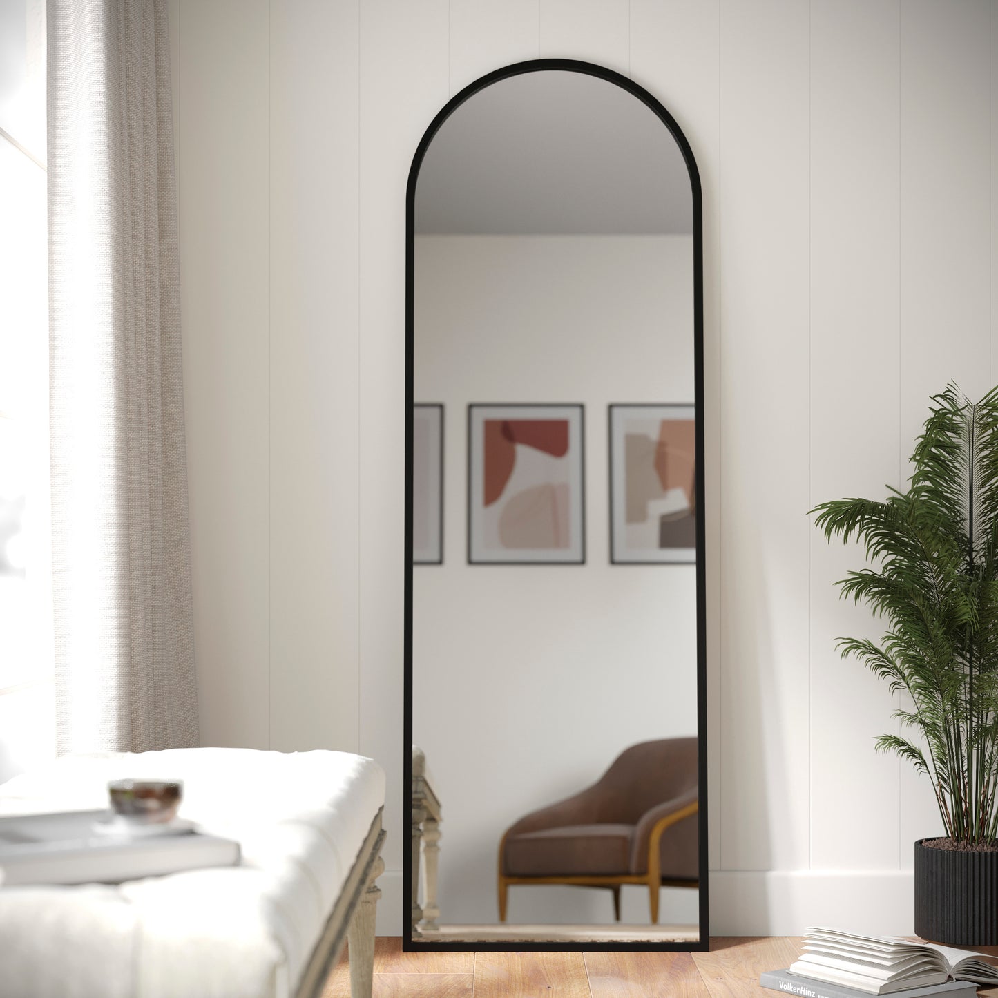 Mila 22"x65" Arched Metal Framed Wall Mirror for Hallways, Entryways, Dining and Living Rooms, Black Black