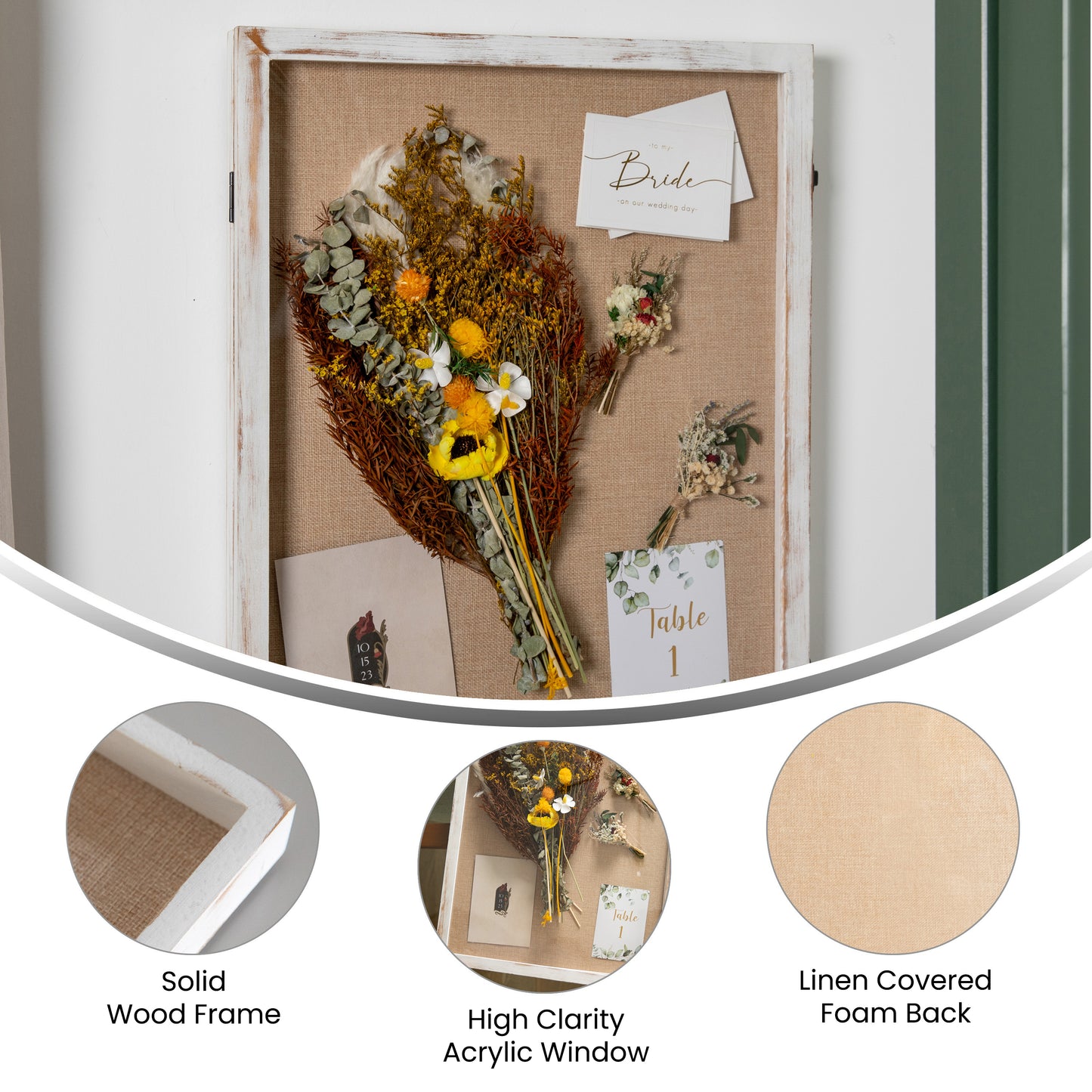 Peyton 18x24 Shadow Box Display Case with Linen Liner, 8 Push Pins and Solid Pine Wood Frame in Whitewash White Wash HMHD-23M012YBN-WHTWSH-1824-GG