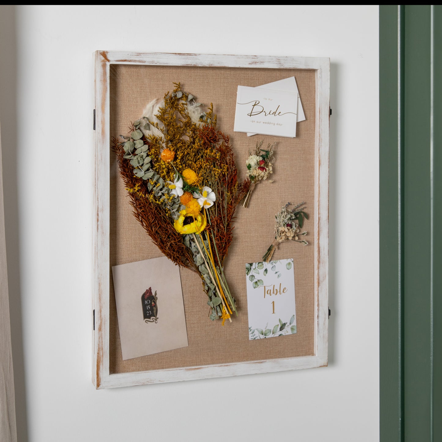 Peyton 18x24 Shadow Box Display Case with Linen Liner, 8 Push Pins and Solid Pine Wood Frame in Whitewash White Wash HMHD-23M012YBN-WHTWSH-1824-GG