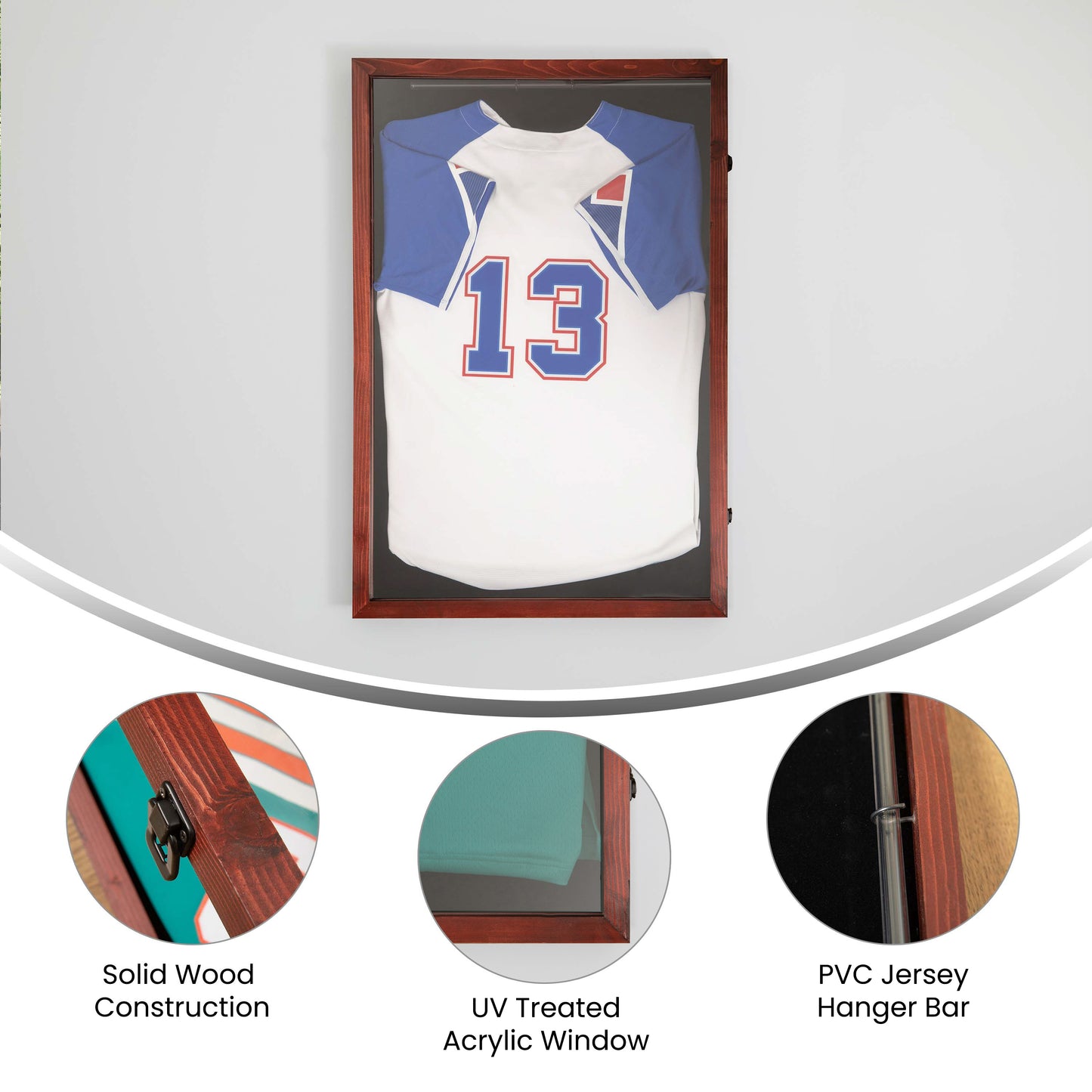 Banks 24x36 Jersey Display Case with Solid Pine Wood Frame, UV Treated Acrylic Window, Velvet Backing Board, and Anti-Theft Lock in Mahogany Mahogany