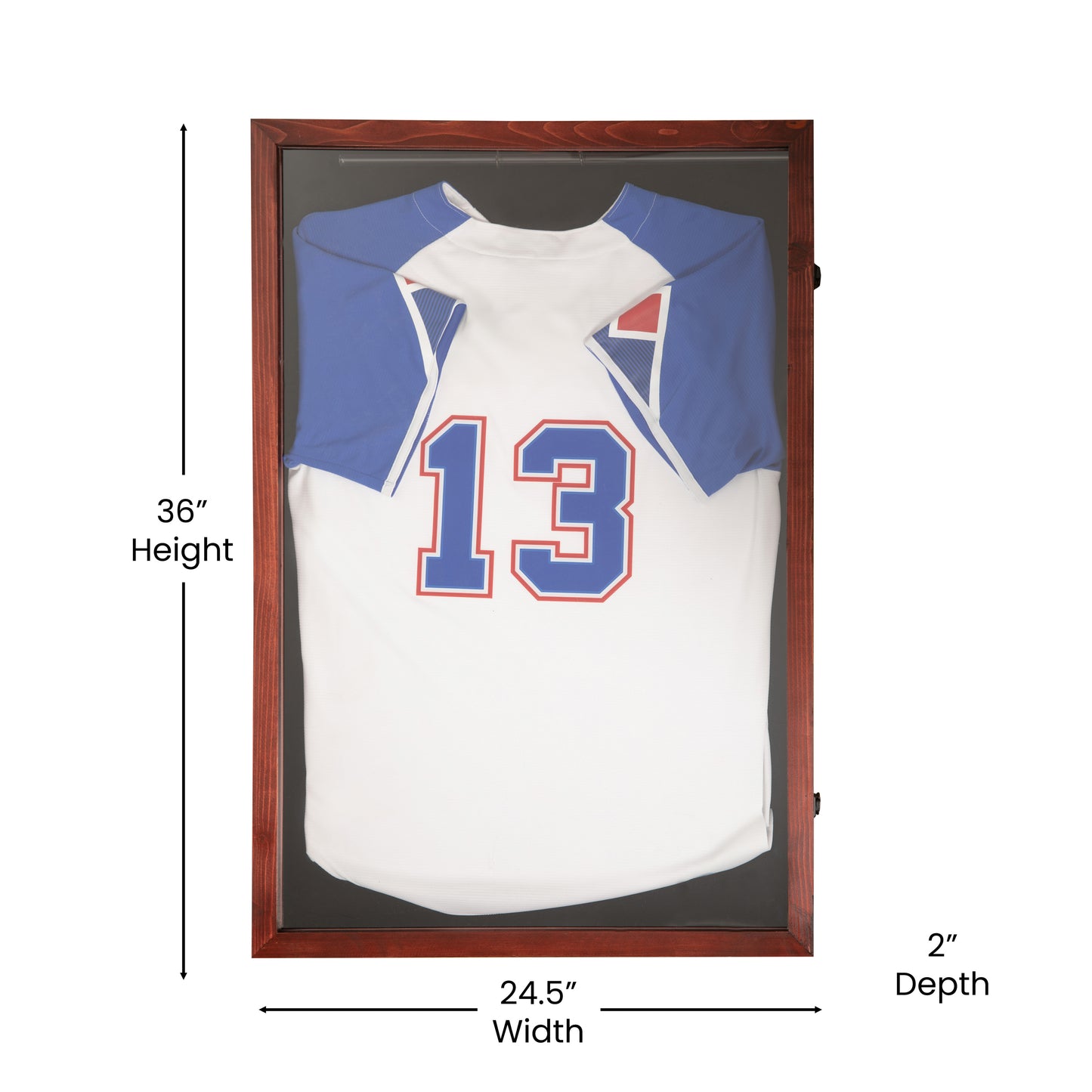 Banks 24x36 Jersey Display Case with Solid Pine Wood Frame, UV Treated Acrylic Window, Velvet Backing Board, and Anti-Theft Lock in Mahogany Mahogany