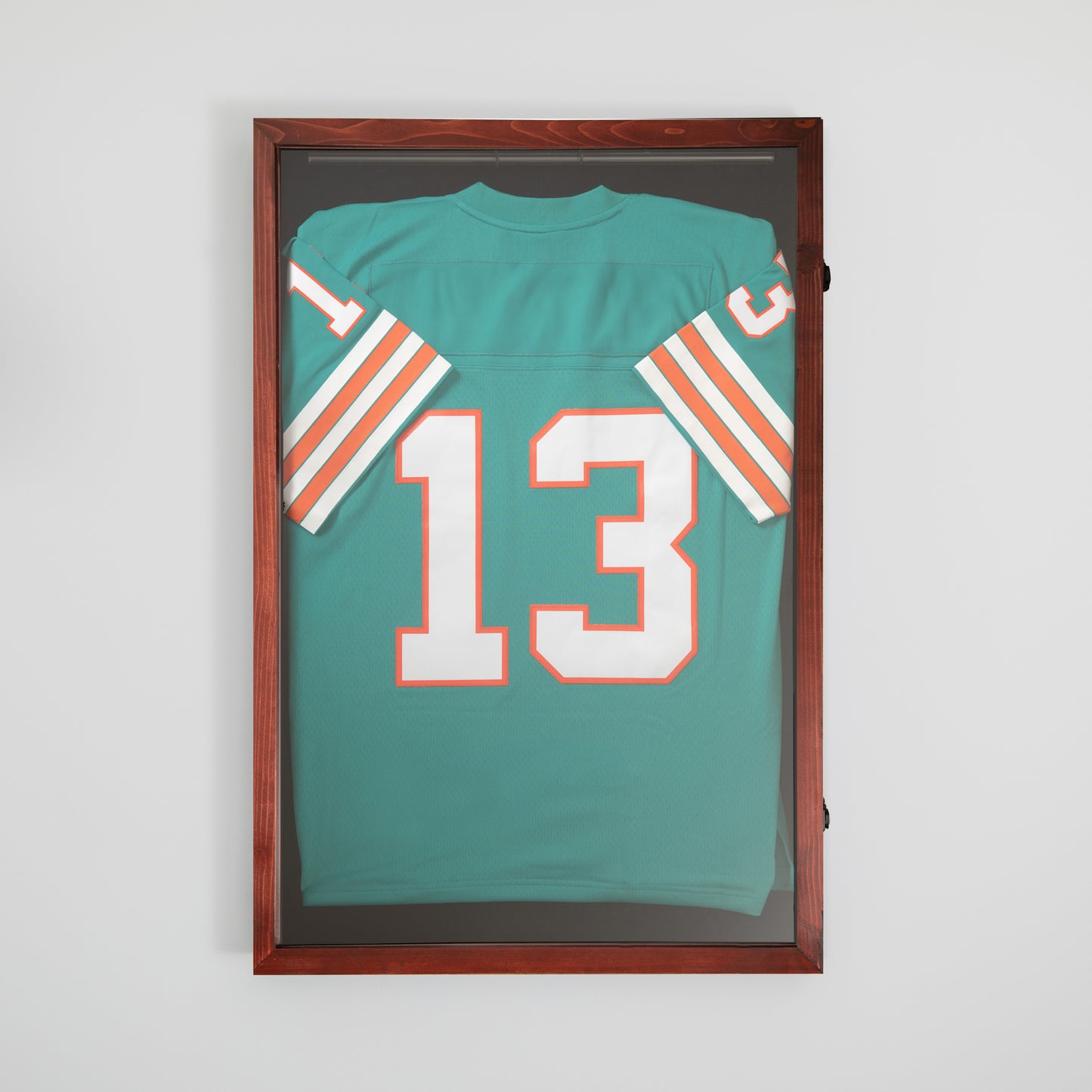 Banks 24x36 Jersey Display Case with Solid Pine Wood Frame, UV Treated Acrylic Window, Velvet Backing Board, and Anti-Theft Lock in Mahogany Mahogany