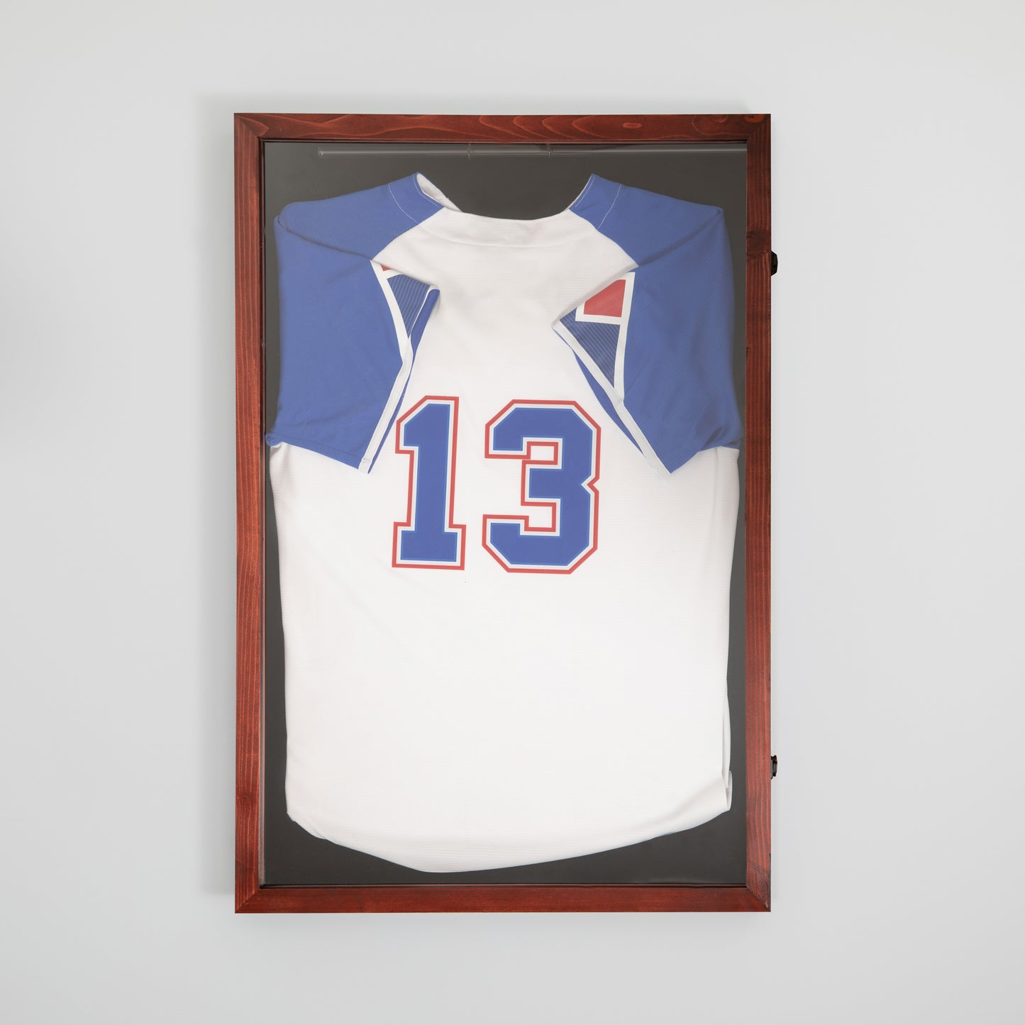 Banks 24x36 Jersey Display Case with Solid Pine Wood Frame, UV Treated Acrylic Window, Velvet Backing Board, and Anti-Theft Lock in Mahogany Mahogany