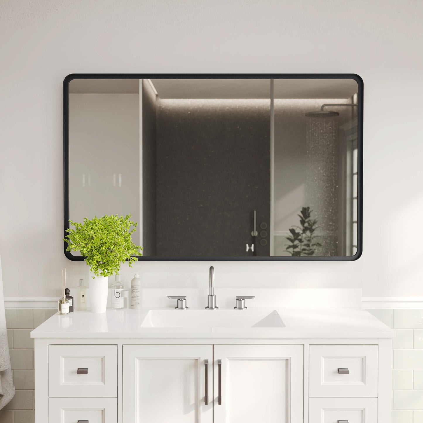 Ava 48" x 30" Metal Deep Framed Wall Mirror - Large Accent Mirror for Bathroom, Entryway, Dining Room, & Living Room in Black Black