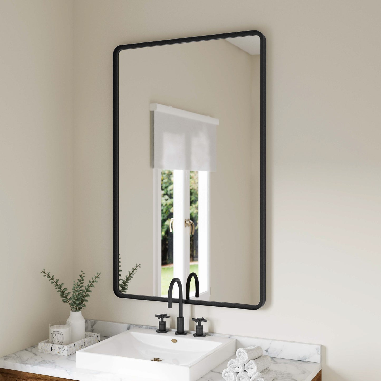 Ava 48" x 30" Metal Deep Framed Wall Mirror - Large Accent Mirror for Bathroom, Entryway, Dining Room, & Living Room in Black Black