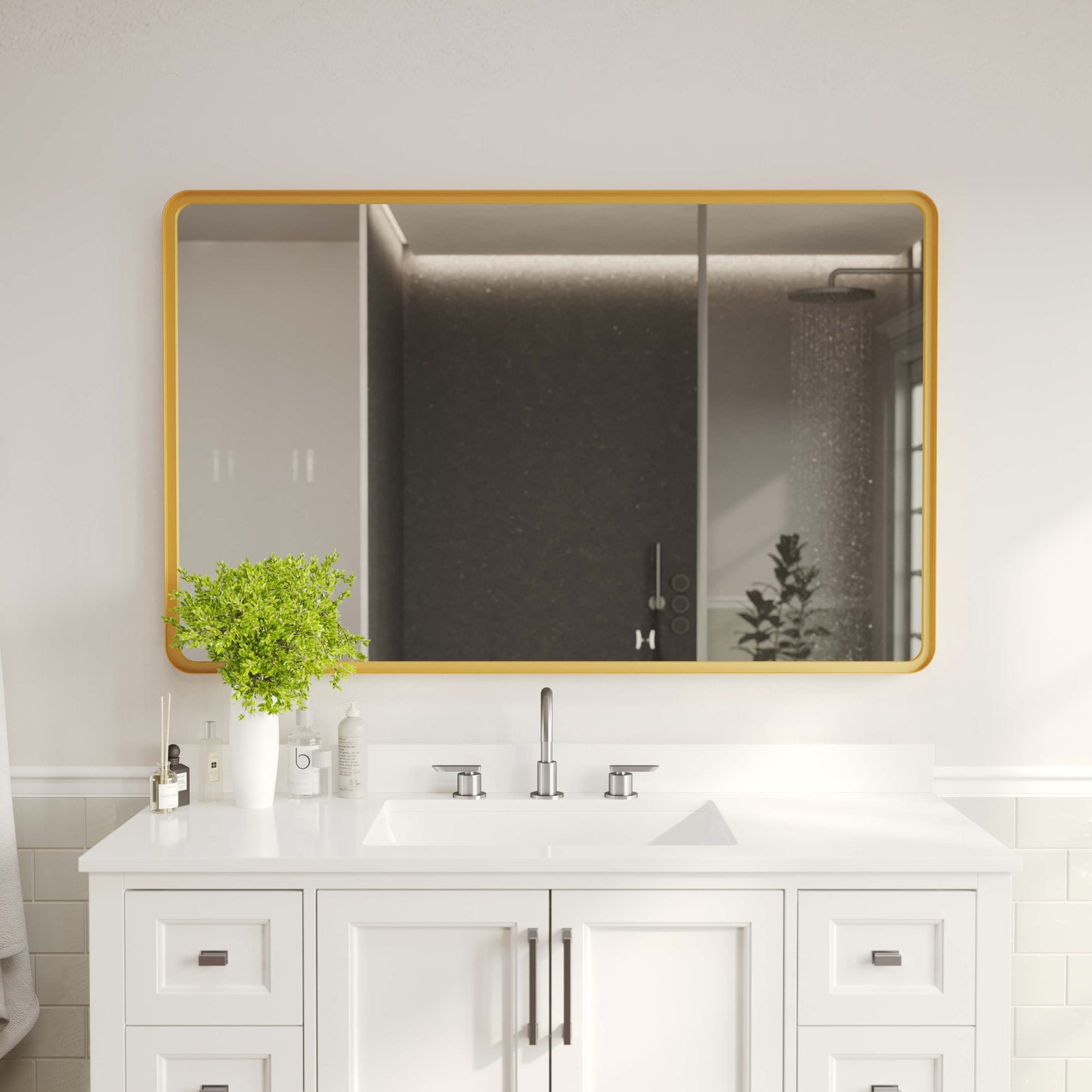 Ava 48" x 30" Metal Deep Framed Wall Mirror - Large Accent Mirror for Bathroom, Entryway, Dining Room, & Living Room in Gold Gold