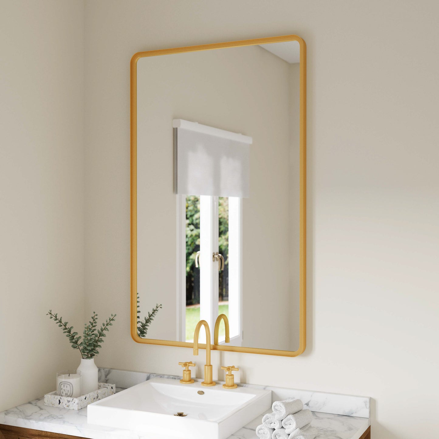 Ava 48" x 30" Metal Deep Framed Wall Mirror - Large Accent Mirror for Bathroom, Entryway, Dining Room, & Living Room in Gold Gold