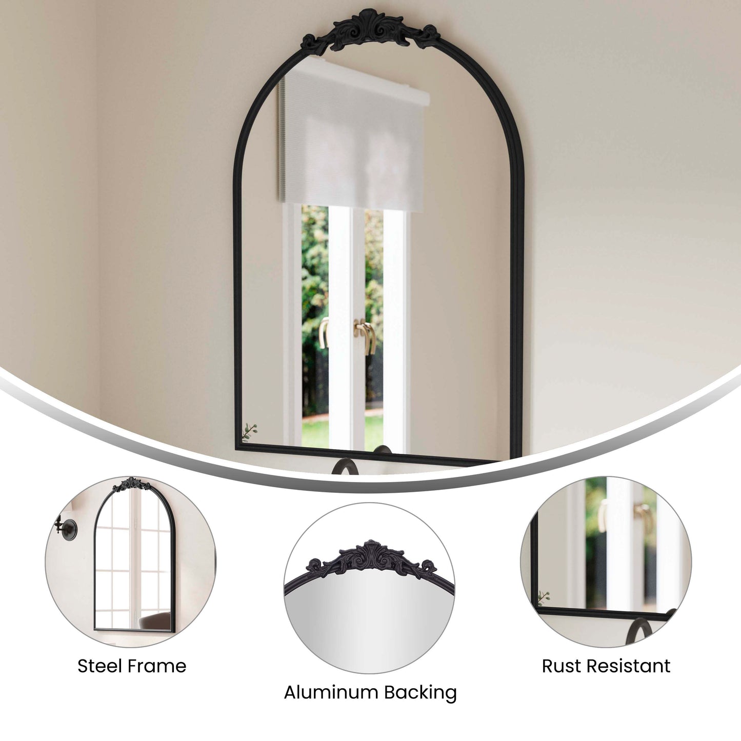 Esme 35" x 24" Traditional Arched Wall Mirror with Baroque Detail - Large Accent Mirror for Bathroom, Entryway, Dining Room, & Living Room in Black Black