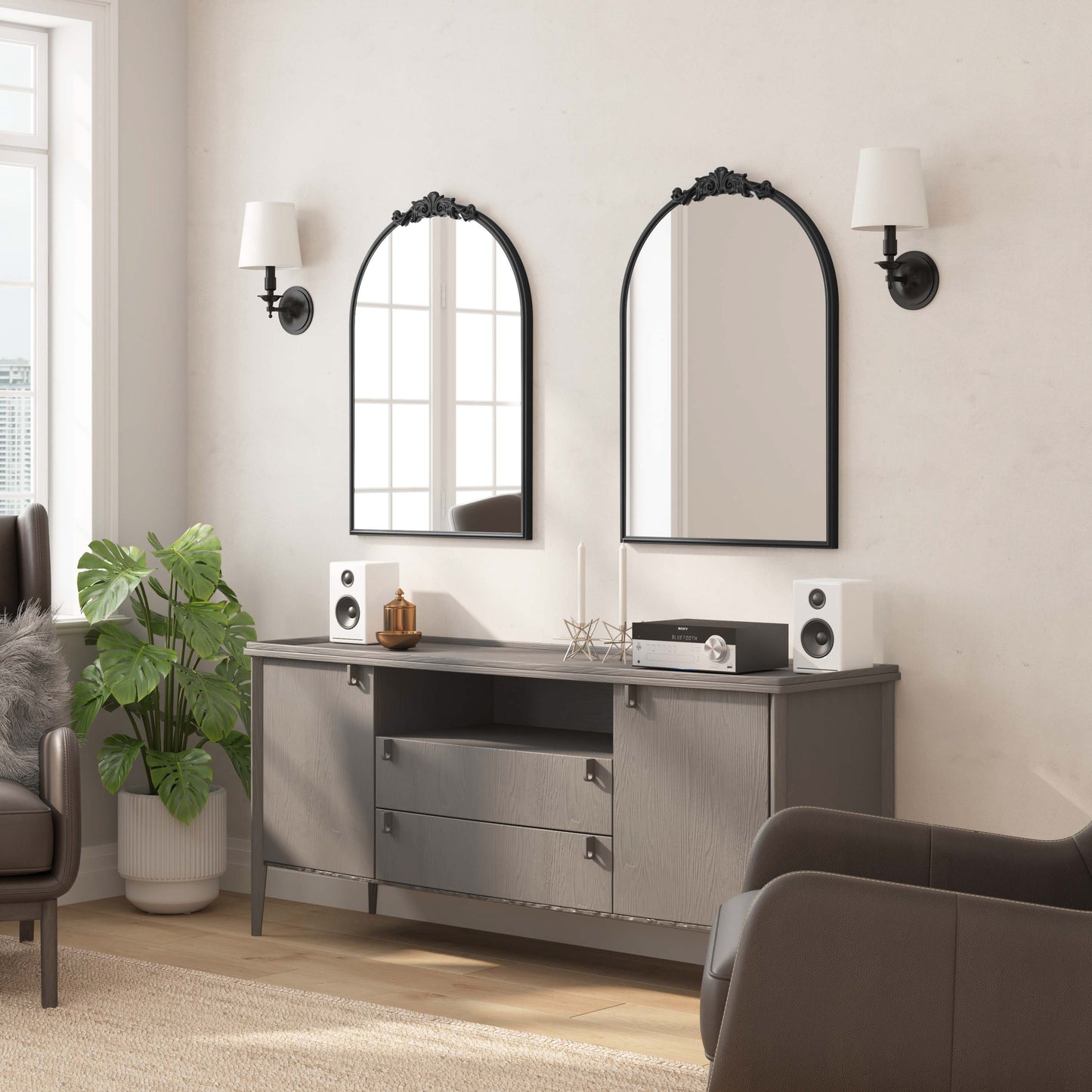 Esme 35" x 24" Traditional Arched Wall Mirror with Baroque Detail - Large Accent Mirror for Bathroom, Entryway, Dining Room, & Living Room in Black Black