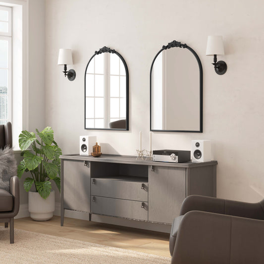 Esme 35" x 24" Traditional Arched Wall Mirror with Baroque Detail - Large Accent Mirror for Bathroom, Entryway, Dining Room, & Living Room in Black Black
