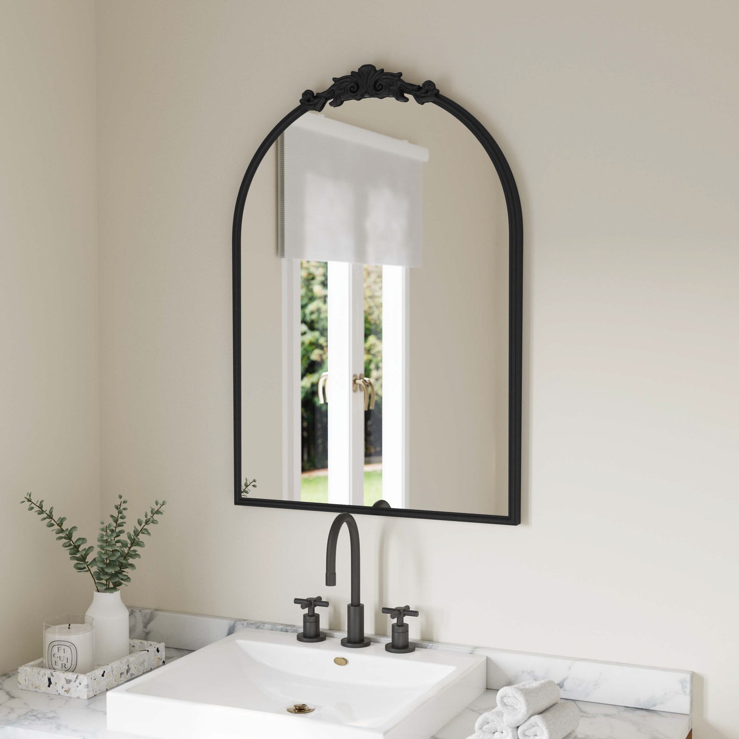 Esme 35" x 24" Traditional Arched Wall Mirror with Baroque Detail - Large Accent Mirror for Bathroom, Entryway, Dining Room, & Living Room in Black Black