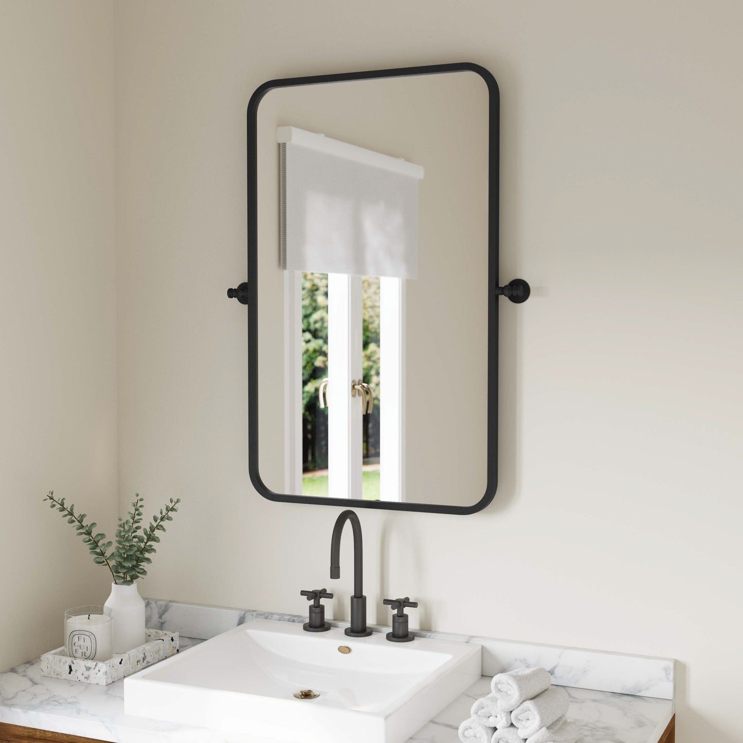 Finlay 35" x 27" Metal Pivot Wall Mirror - Large Accent Vanity Mirror for Bathroom in Black Black