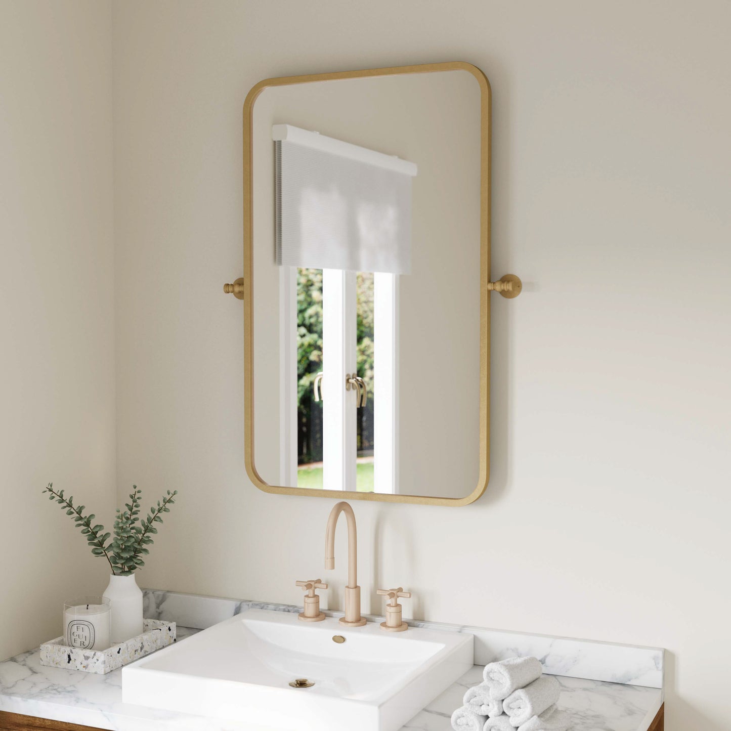 Finlay 35" x 27" Metal Pivot Wall Mirror - Large Accent Vanity Mirror for Bathroom in Gold Gold