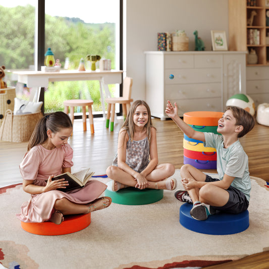 Kylie 6 Piece 16 Inch Round Floor Cushions for Kids with Handles in Commercial Grade Plastic - Assorted Primary Colors Assorted