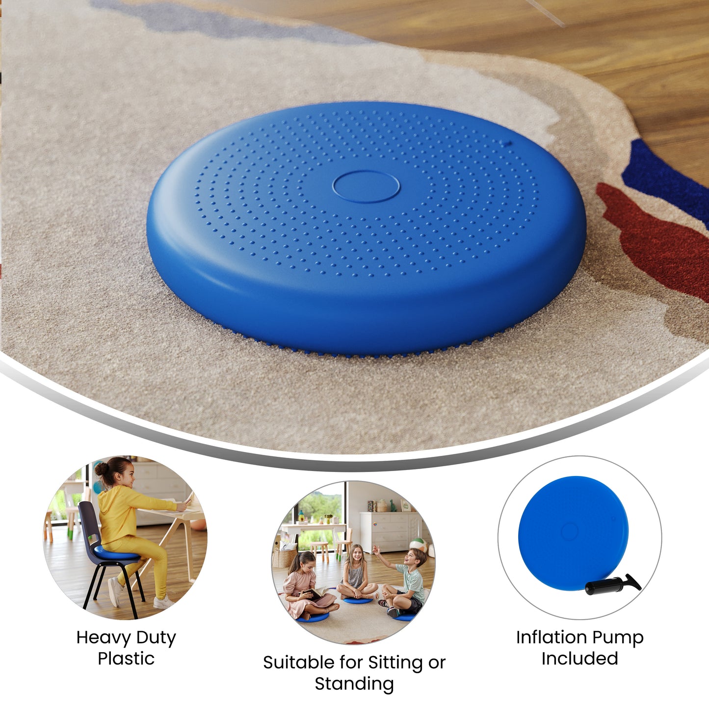 Alfie Blue 13 Inch Round Inflatable Wobble Cushion with Dual Sided Grips for Sitting or Standing and Included Hand Pump Blue