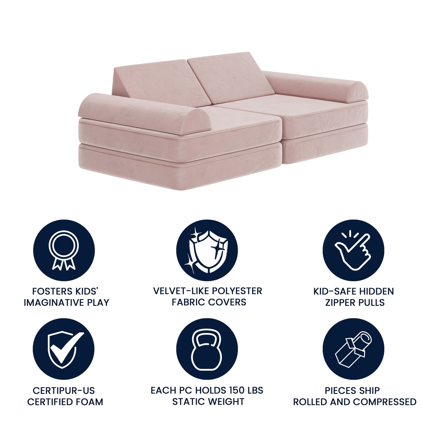Marlowe 56" Modular Kids Play Couch with 6 Soft Foam Sectional Sofa Pieces in Blush Blush