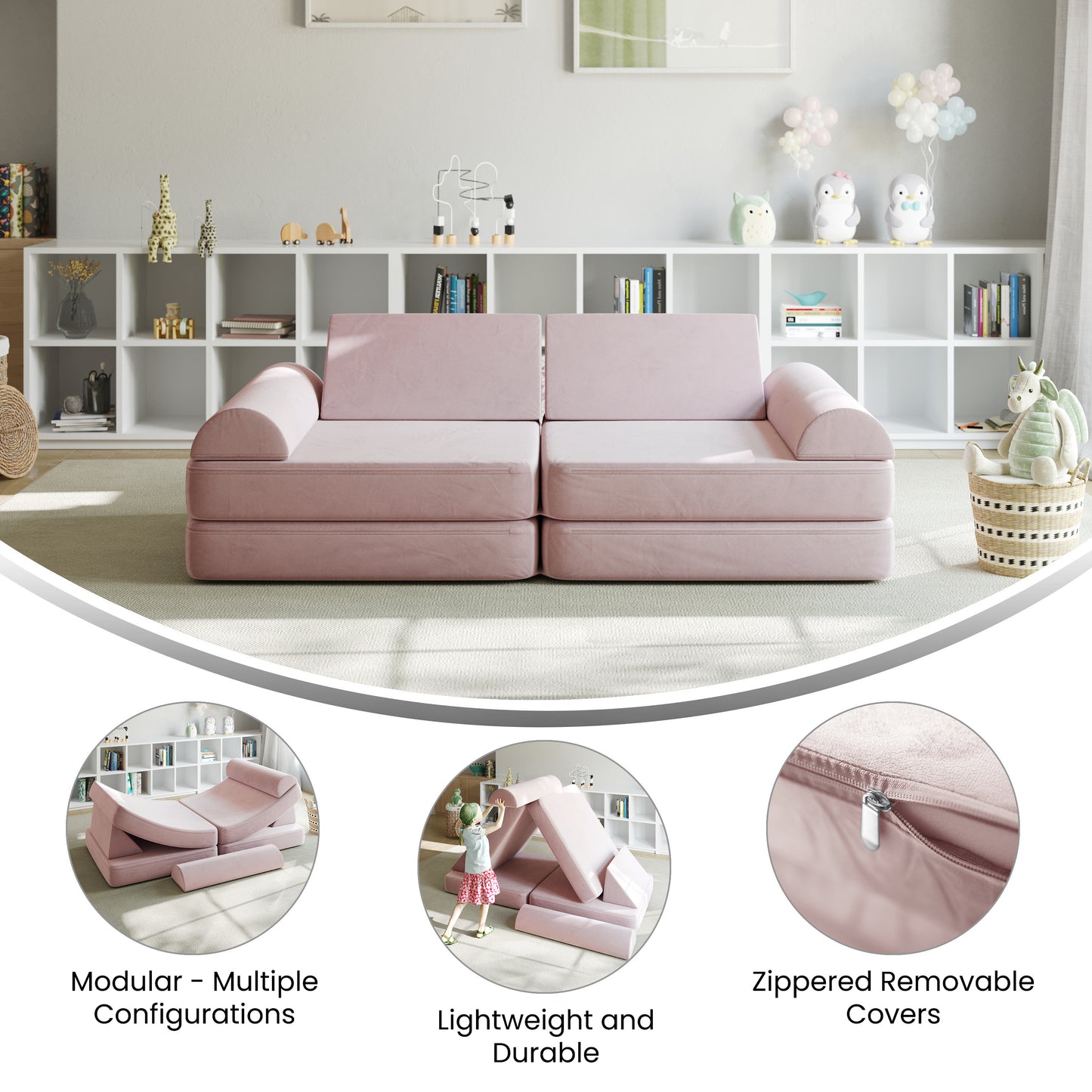 Marlowe 56" Modular Kids Play Couch with 6 Soft Foam Sectional Sofa Pieces in Blush Blush