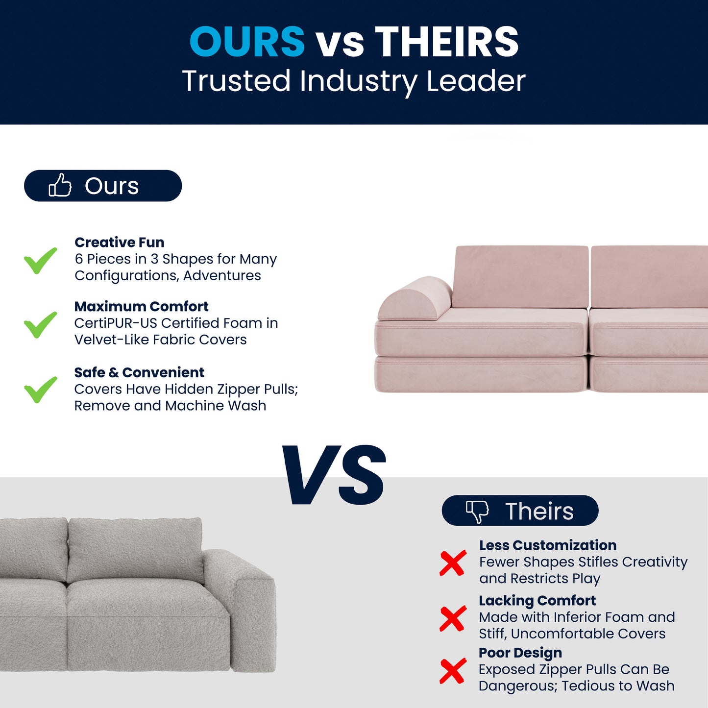 Marlowe 56" Modular Kids Play Couch with 6 Soft Foam Sectional Sofa Pieces in Blush Blush