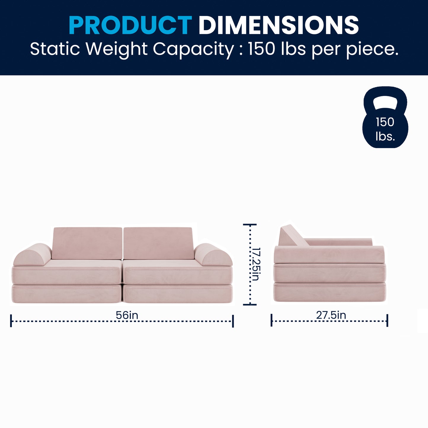 Marlowe 56" Modular Kids Play Couch with 6 Soft Foam Sectional Sofa Pieces in Blush Blush