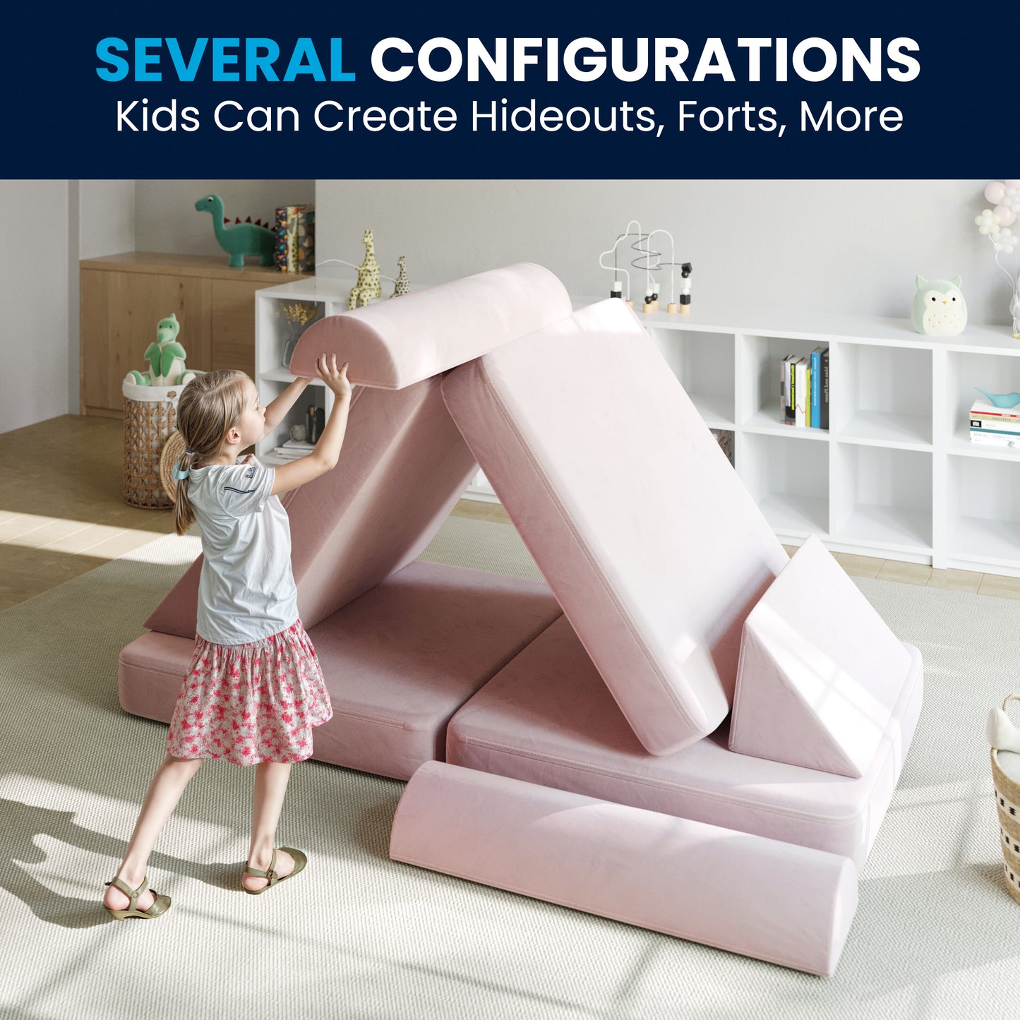 Marlowe 56" Modular Kids Play Couch with 6 Soft Foam Sectional Sofa Pieces in Blush Blush