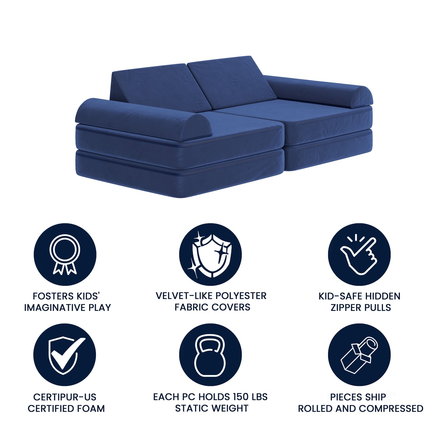 Marlowe 56" Modular Kids Play Couch with 6 Soft Foam Sectional Sofa Pieces in Blue Blue