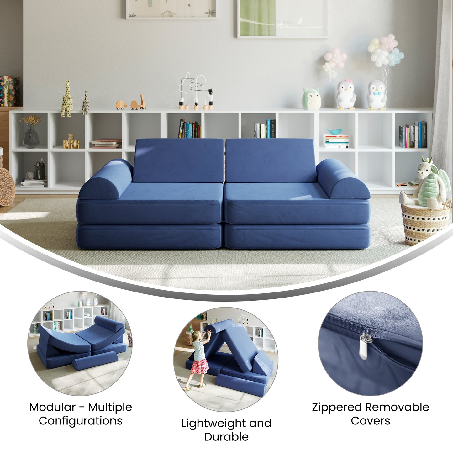 Marlowe 56" Modular Kids Play Couch with 6 Soft Foam Sectional Sofa Pieces in Blue Blue