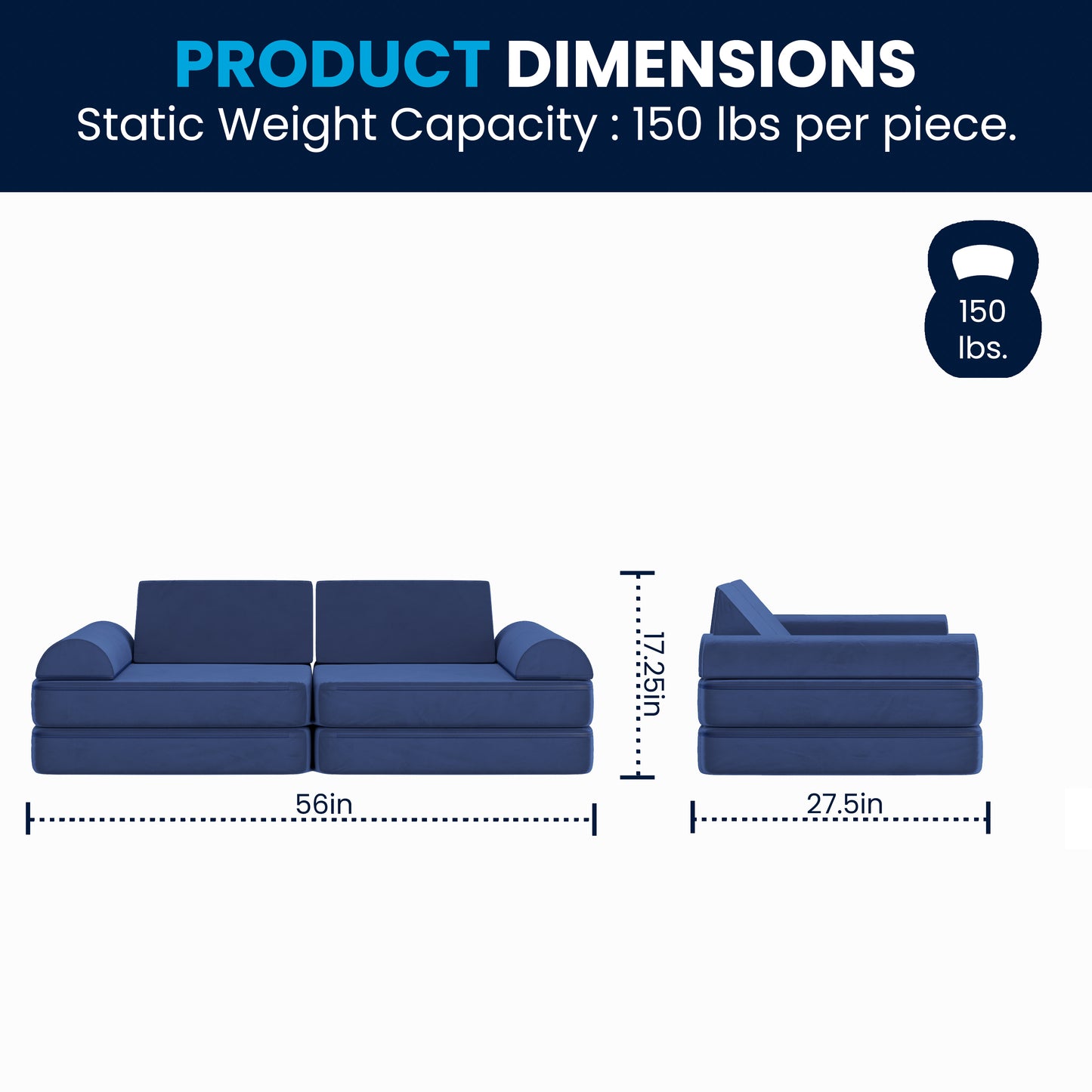 Marlowe 56" Modular Kids Play Couch with 6 Soft Foam Sectional Sofa Pieces in Blue Blue