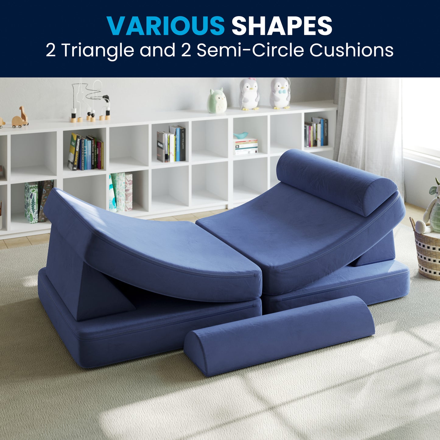 Marlowe 56" Modular Kids Play Couch with 6 Soft Foam Sectional Sofa Pieces in Blue Blue