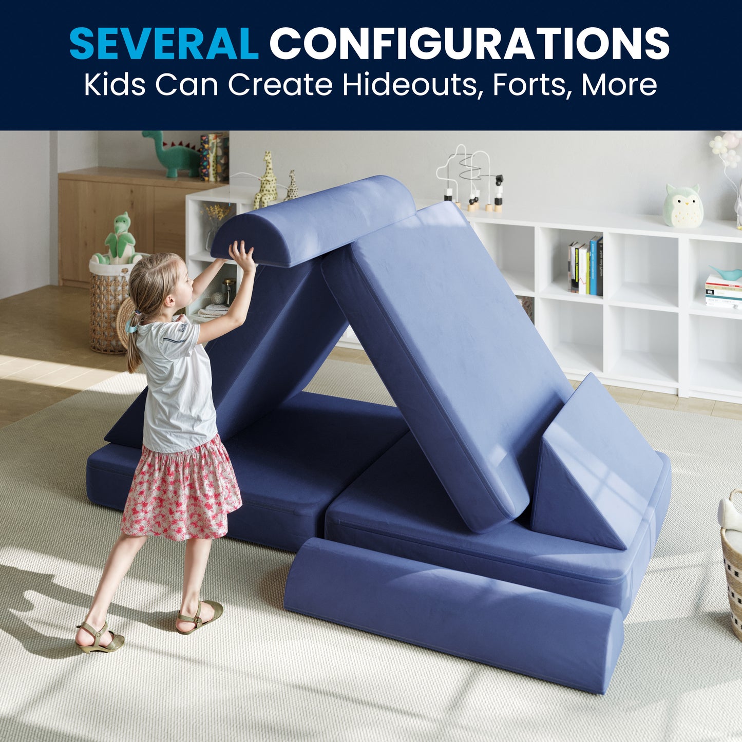 Marlowe 56" Modular Kids Play Couch with 6 Soft Foam Sectional Sofa Pieces in Blue Blue