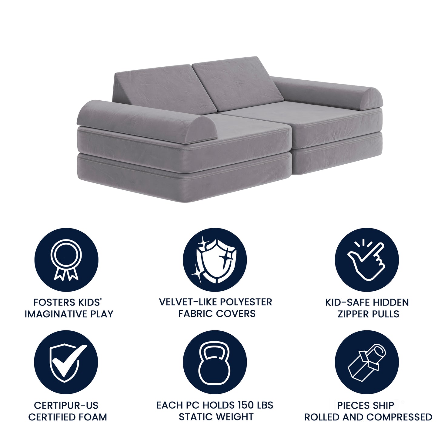 Marlowe 56" Modular Kids Play Couch with 6 Soft Foam Sectional Sofa Pieces in Gray Gray
