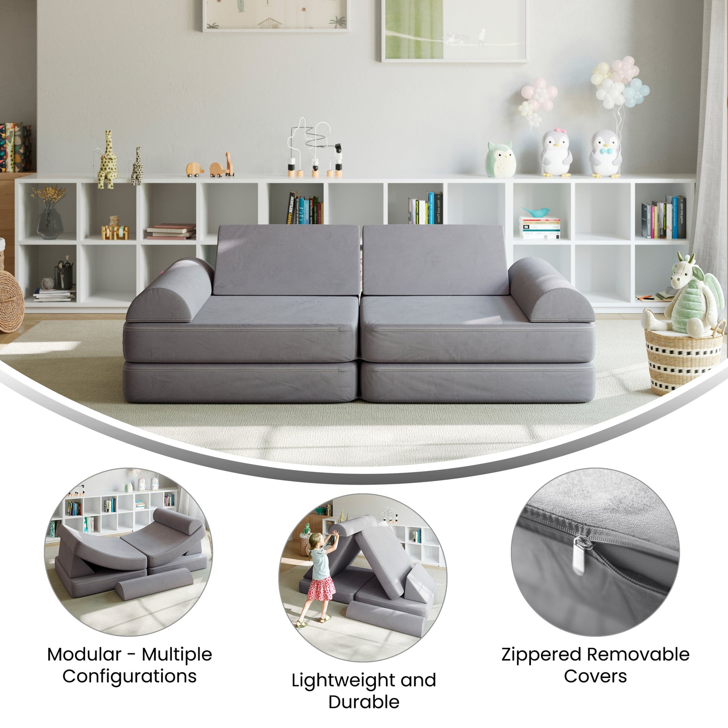 Marlowe 56" Modular Kids Play Couch with 6 Soft Foam Sectional Sofa Pieces in Gray Gray