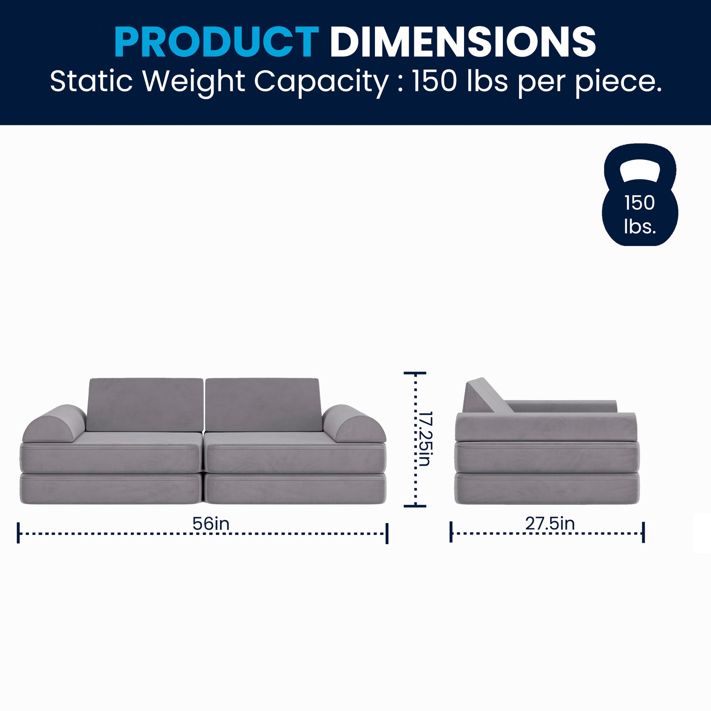 Marlowe 56" Modular Kids Play Couch with 6 Soft Foam Sectional Sofa Pieces in Gray Gray
