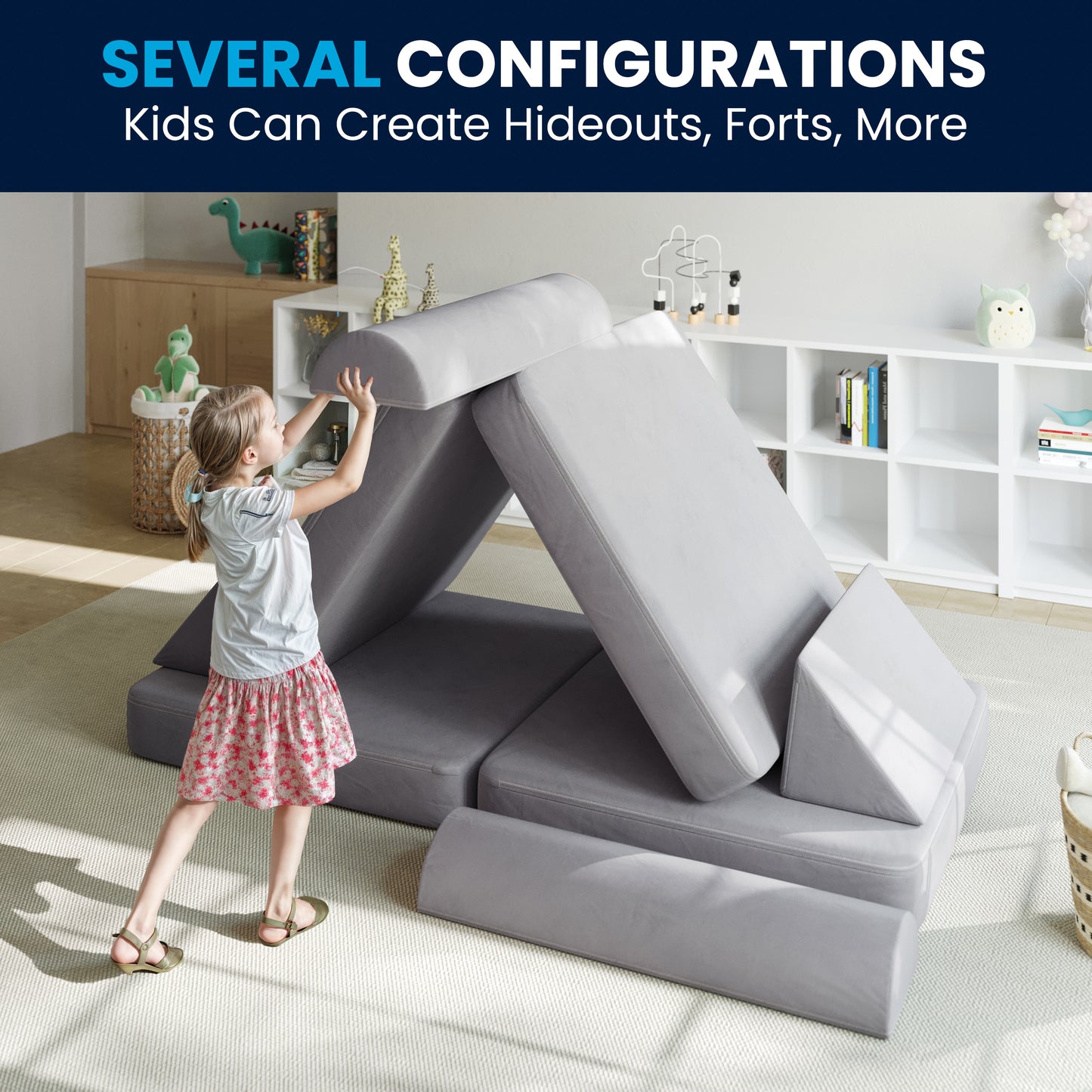 Marlowe 56" Modular Kids Play Couch with 6 Soft Foam Sectional Sofa Pieces in Gray Gray