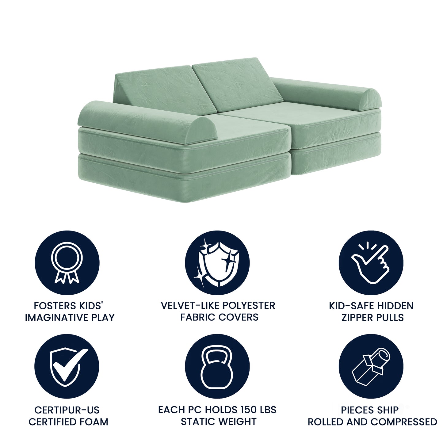 Marlowe 56" Modular Kids Play Couch with 6 Soft Foam Sectional Sofa Pieces in Sage Sage