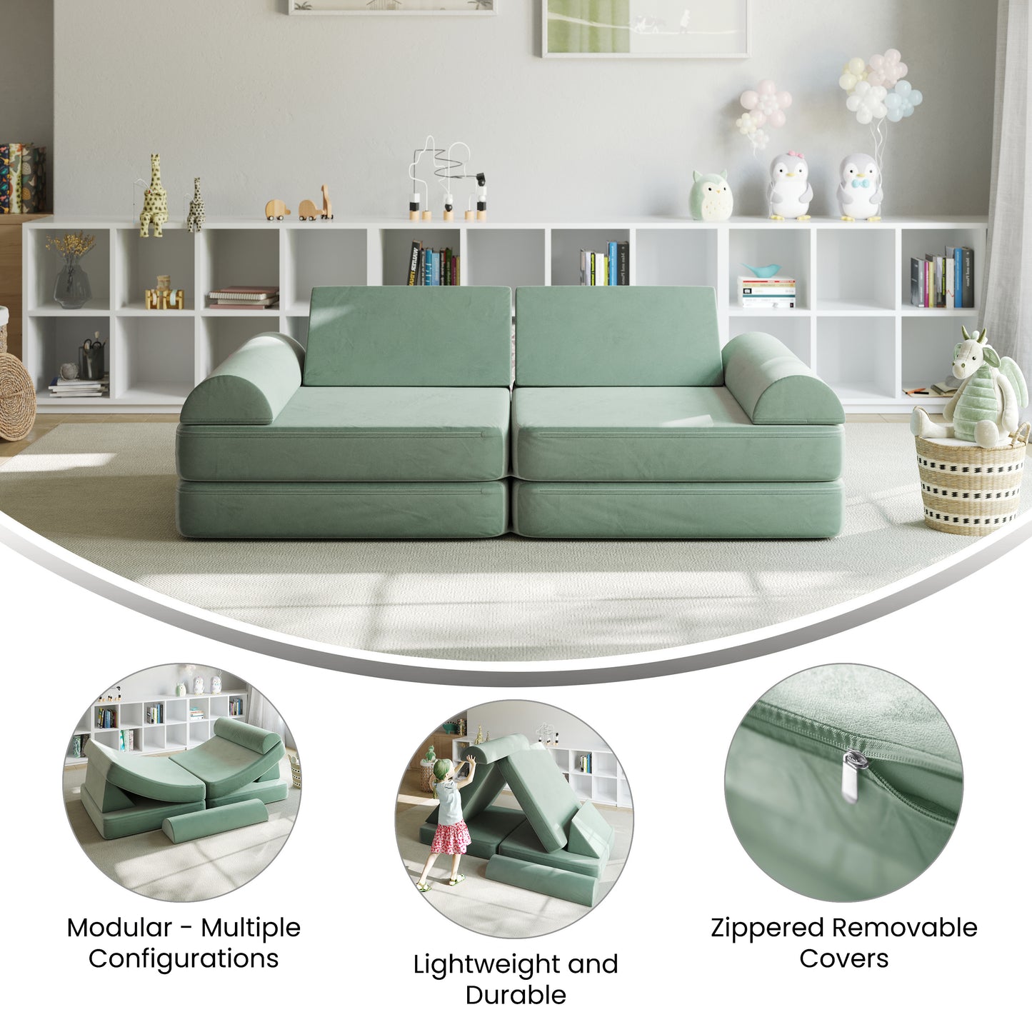 Marlowe 56" Modular Kids Play Couch with 6 Soft Foam Sectional Sofa Pieces in Sage Sage
