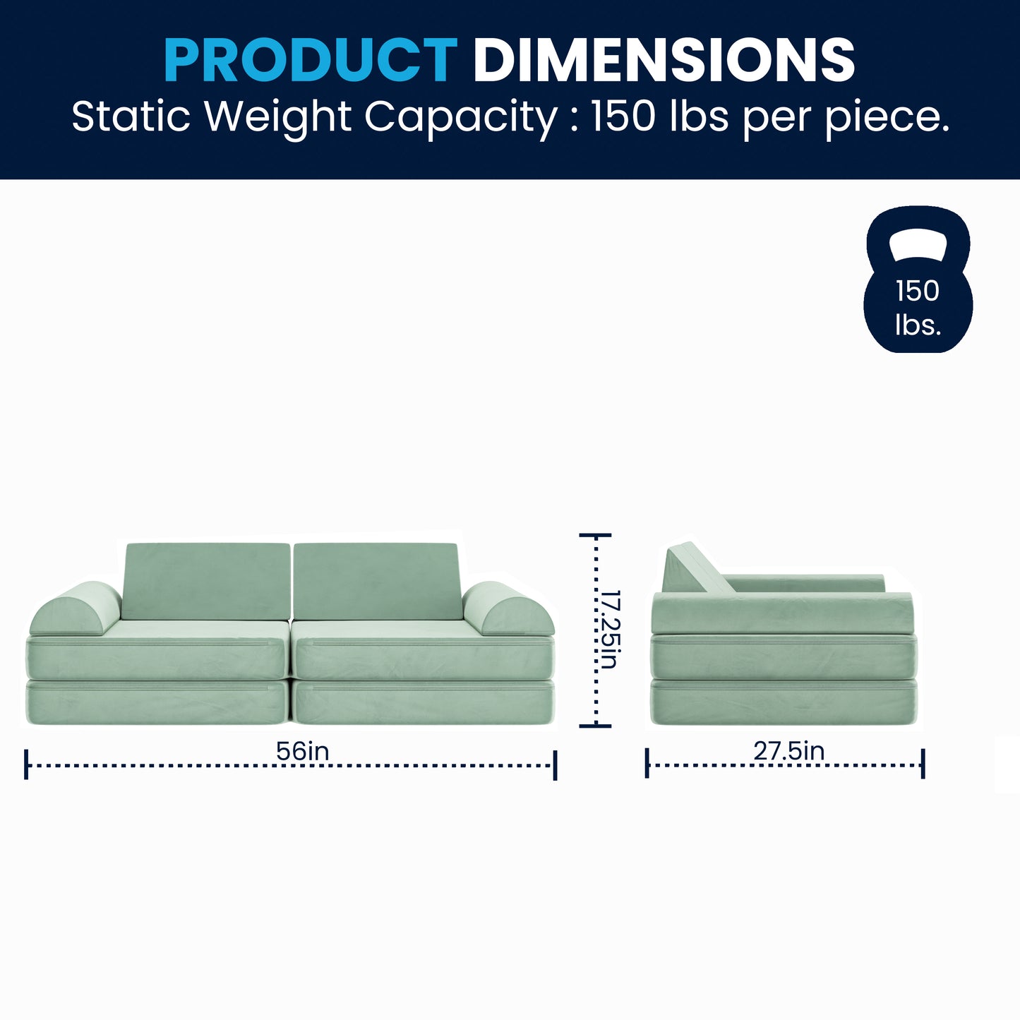 Marlowe 56" Modular Kids Play Couch with 6 Soft Foam Sectional Sofa Pieces in Sage Sage