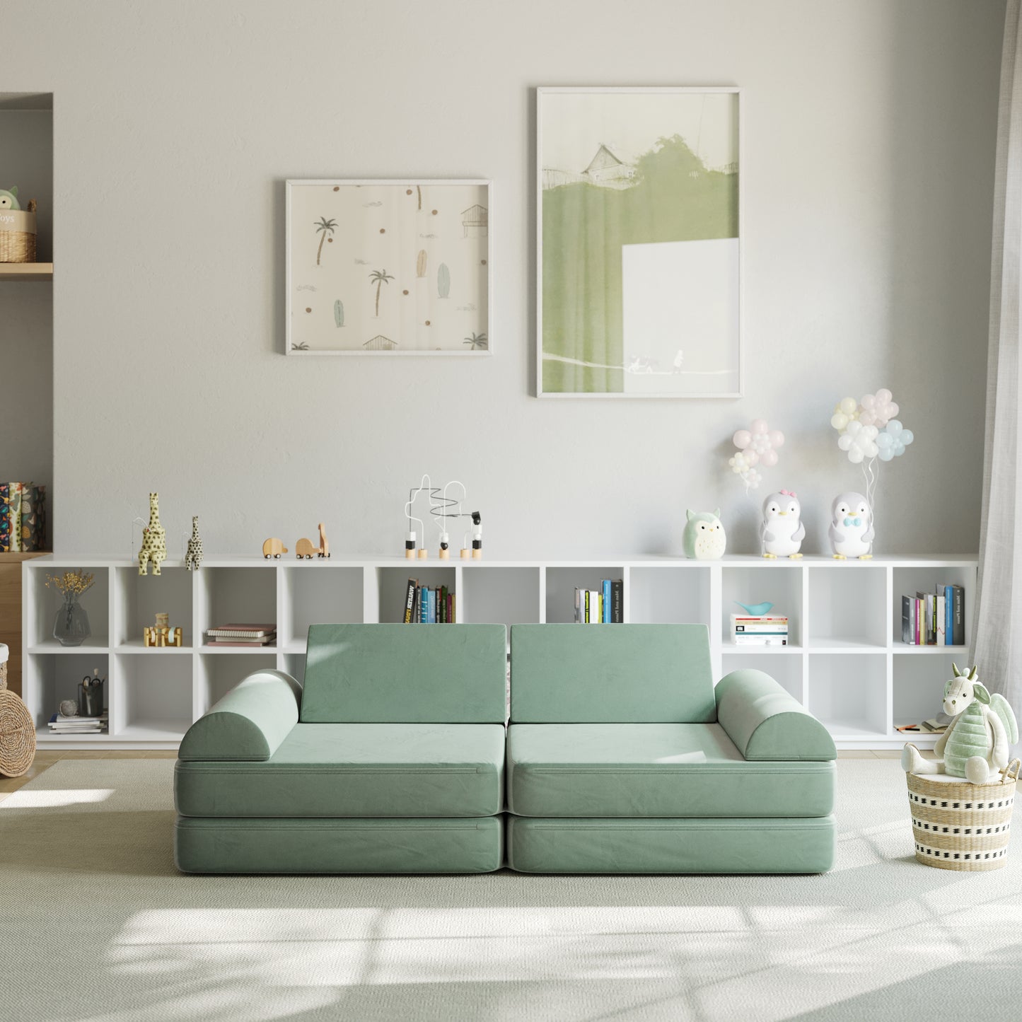 Marlowe 56" Modular Kids Play Couch with 6 Soft Foam Sectional Sofa Pieces in Sage Sage