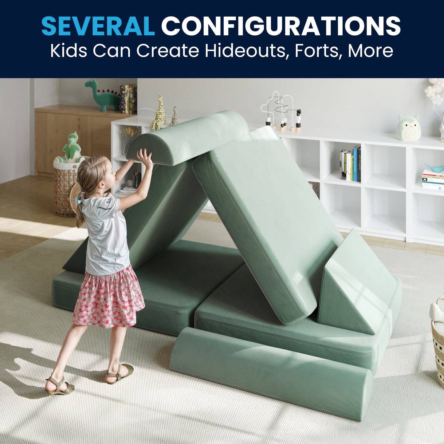 Marlowe 56" Modular Kids Play Couch with 6 Soft Foam Sectional Sofa Pieces in Sage Sage